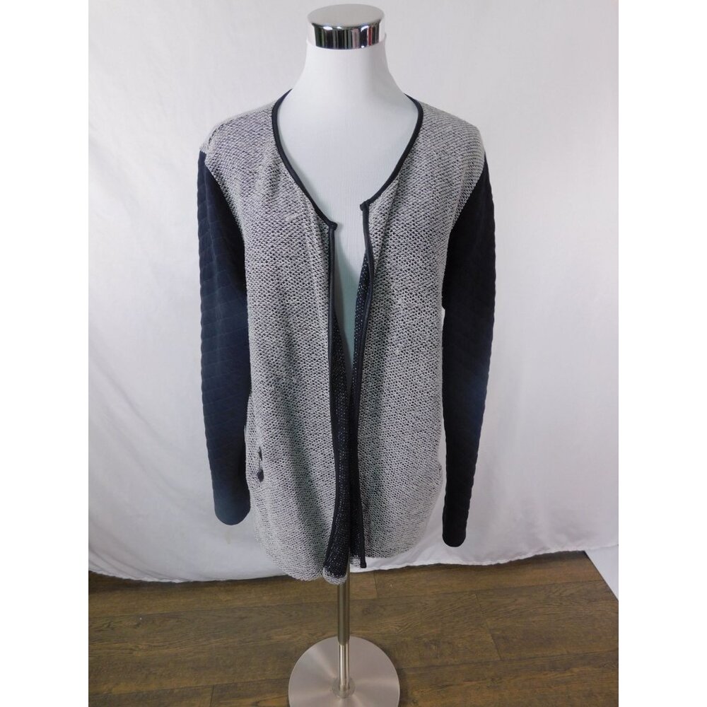 Janina Gray Navy Open Front Cardigan XL Zipper Pockets Knit